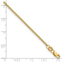 A gold-toned chain necklace with a lobster claw clasp, displayed against a ruler showing approximately 2 inches in length.