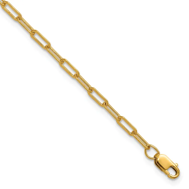Gold-toned paperclip chain bracelet with lobster claw clasp, displayed diagonally against a white background.