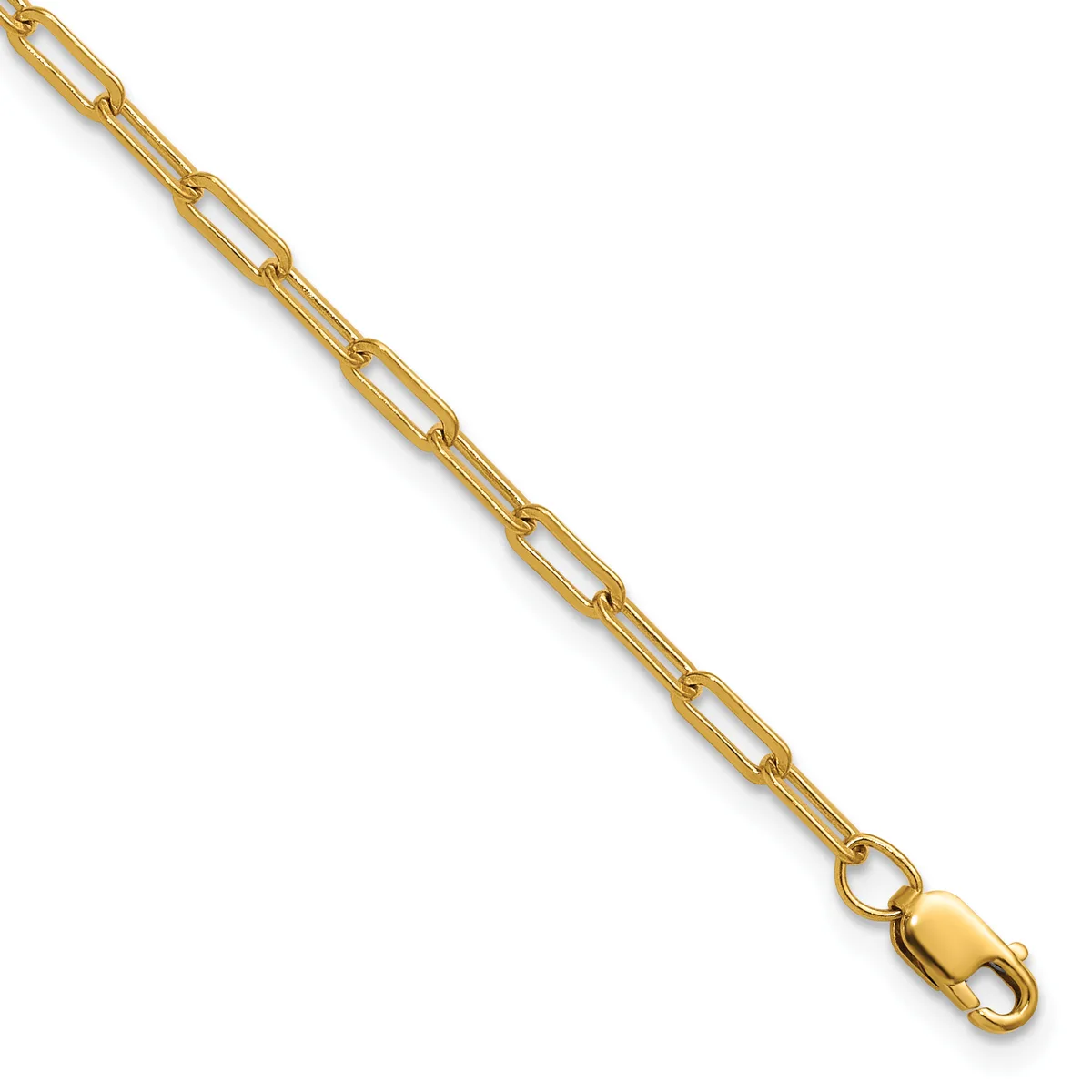 Gold-toned paperclip chain bracelet with lobster claw clasp, displayed diagonally against a white background.