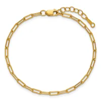 Gold-toned paperclip chain bracelet with a barrel clasp and extender chain, displayed on a white background.