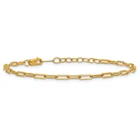 A gold chain bracelet with rectangular and circular links, featuring a lobster clasp and an adjustable chain extension on one end.