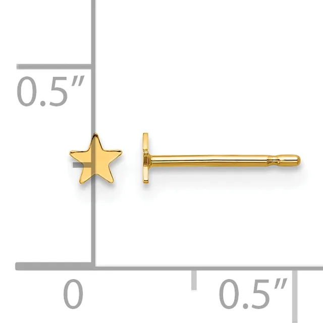 Gold star stud earrings shown actual size on a measurement scale, displayed from front and side views.