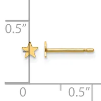 Gold star stud earrings shown actual size on a measurement scale, displayed from front and side views.