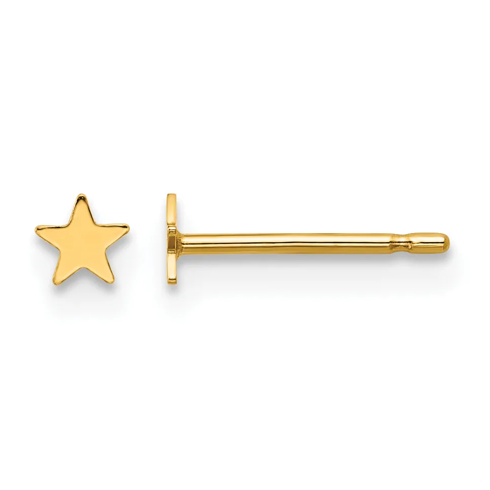 A pair of gold star stud earrings shown from front and side views, displaying the star face and post backing.