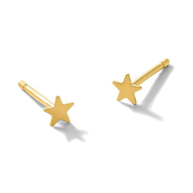 A pair of gold star-shaped stud earrings with posts and backs, displayed against a white background.