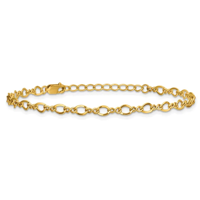 A gold-toned chain bracelet with interlocking oval and twisted links, featuring a lobster claw clasp, displayed against a white background.