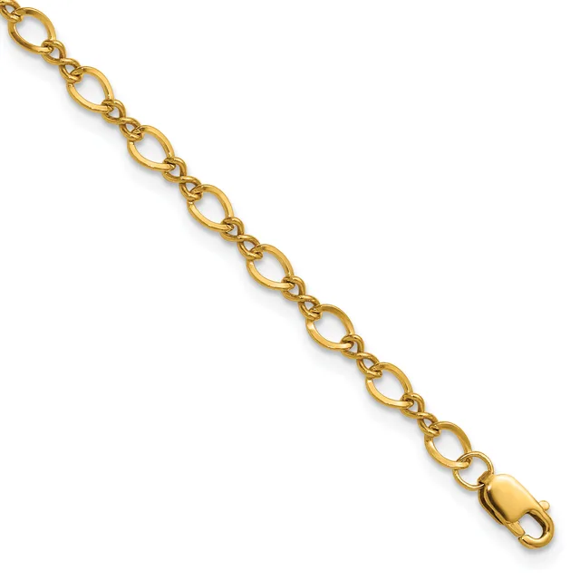 Gold-colored chain bracelet with oval links and a lobster claw clasp, displayed diagonally against a white background.