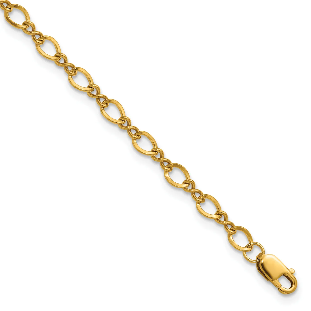 Gold-colored chain bracelet with oval links and a lobster claw clasp, displayed diagonally against a white background.