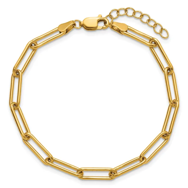 Gold-colored paperclip chain bracelet with lobster claw clasp and adjustable extension chain, displayed laid flat against a white background.