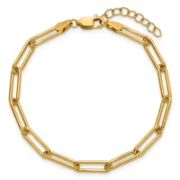 Gold-colored paperclip chain bracelet with lobster claw clasp and adjustable extension chain, displayed laid flat against a white background.