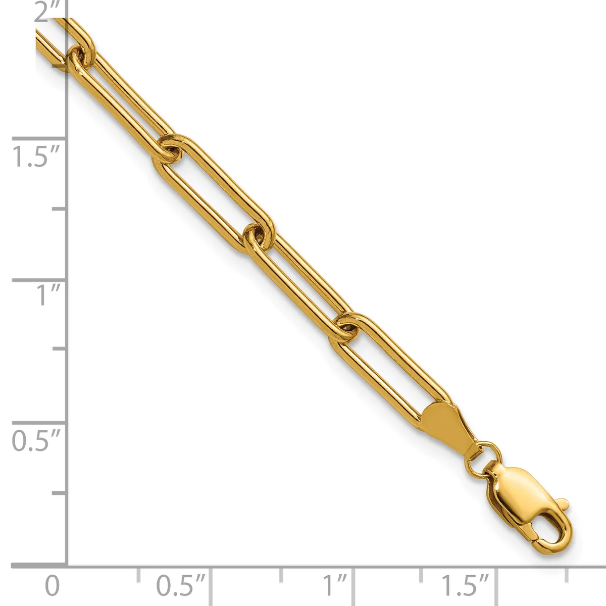 Gold-toned chain bracelet with large oval links displayed against a ruler showing approximately 2 inches in length and 1.5 inches in width, with a lobster claw clasp.