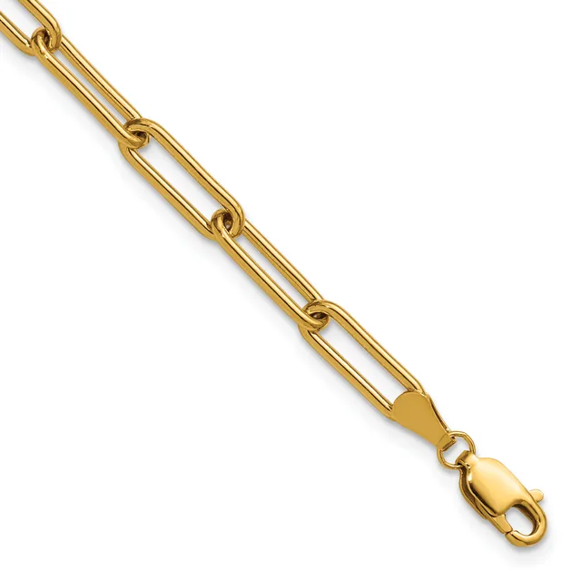 Gold-colored chain bracelet with elongated oval links and a lobster claw clasp, displayed diagonally against a white background.