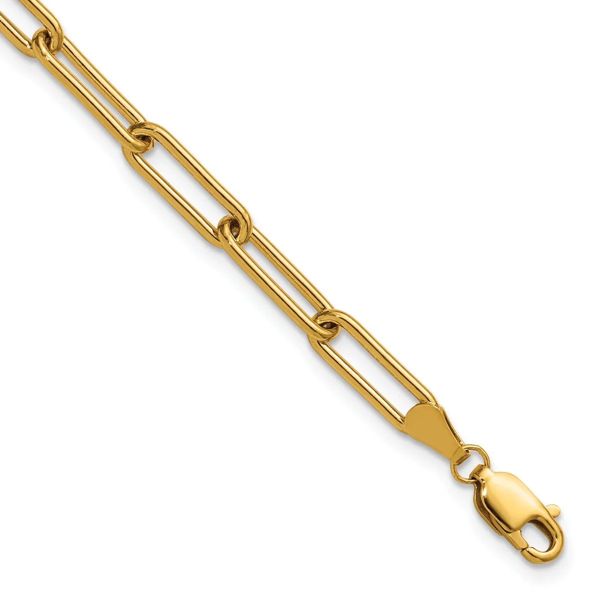 Gold-colored chain bracelet with elongated oval links and a lobster claw clasp, displayed diagonally against a white background.
