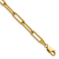 Gold-colored chain bracelet with elongated oval links and a lobster claw clasp, displayed diagonally against a white background.