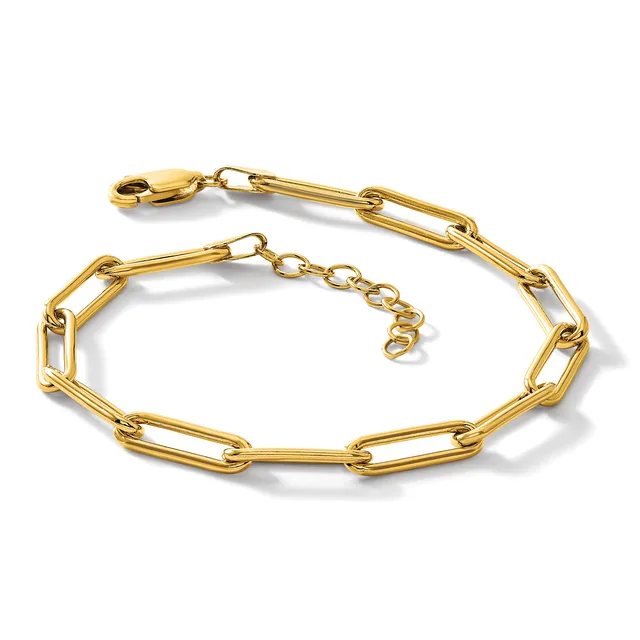 A gold-toned paperclip chain bracelet with an adjustable extension chain and lobster claw clasp, displayed on a white background.