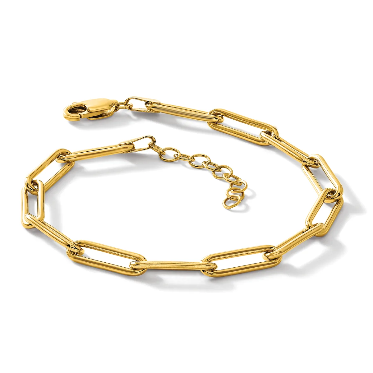 A gold-toned paperclip chain bracelet with an adjustable extension chain and lobster claw clasp, displayed on a white background.