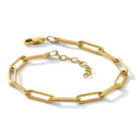 A gold-toned paperclip chain bracelet with an adjustable extension chain and lobster claw clasp, displayed on a white background.