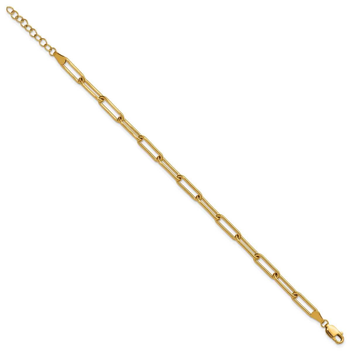 Gold-toned paperclip chain bracelet with a curb chain section at one end and a lobster clasp closure at the other.
