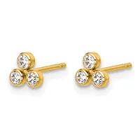 A pair of gold stud earrings, each featuring three round clear crystals arranged in a triangular cluster, shown from the front against a white background.