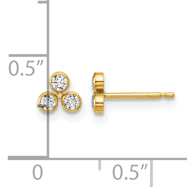 Gold stud earrings featuring three round cubic zirconia stones arranged in a triangular cluster, shown front and side view with a measurement scale indicating 0.5 inches in height.