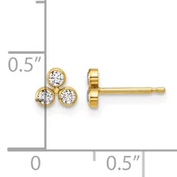 Gold stud earrings featuring three round cubic zirconia stones arranged in a triangular cluster, shown front and side view with a measurement scale indicating 0.5 inches in height.