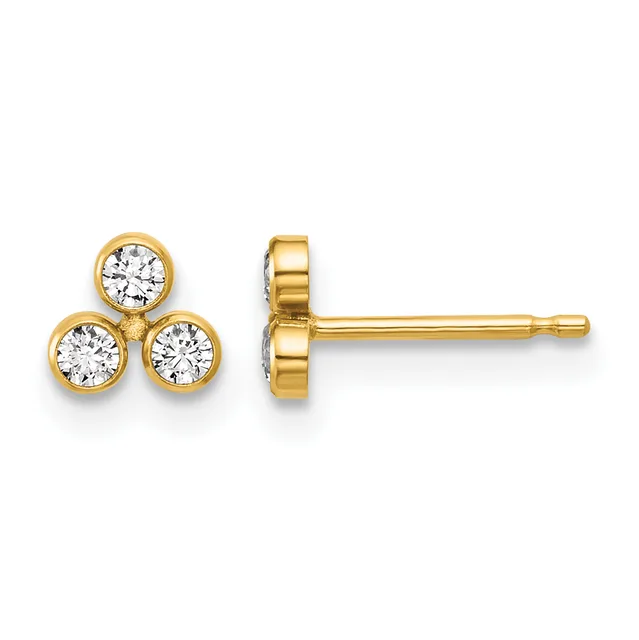 Gold stud earrings with three round diamonds arranged in a triangular cluster, shown from front and side views.