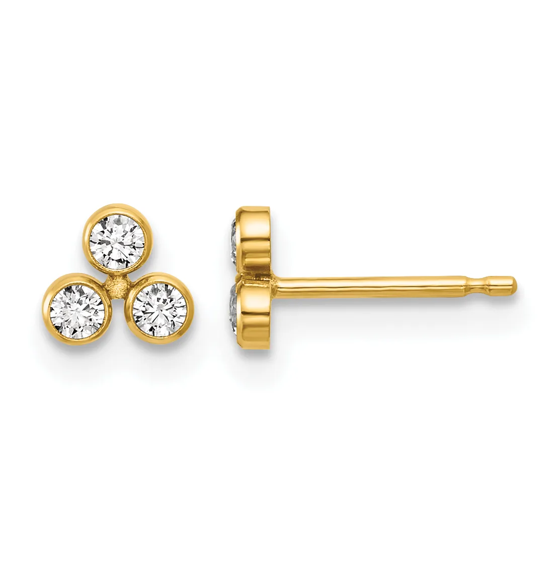 Gold stud earrings with three round diamonds arranged in a triangular cluster, shown from front and side views.