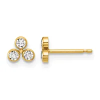 Gold stud earrings with three round diamonds arranged in a triangular cluster, shown from front and side views.