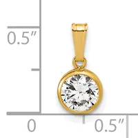 Gold pendant with a round clear gemstone in a bezel setting, shown next to a ruler indicating approximately half an inch in width and height.