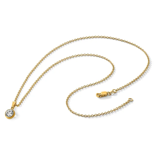 Gold chain necklace with a small round pendant featuring a clear gemstone in a bezel setting, displayed against a white background.