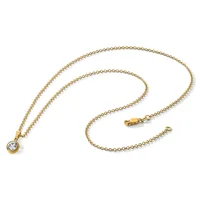 Gold chain necklace with a small round pendant featuring a clear gemstone in a bezel setting, displayed against a white background.