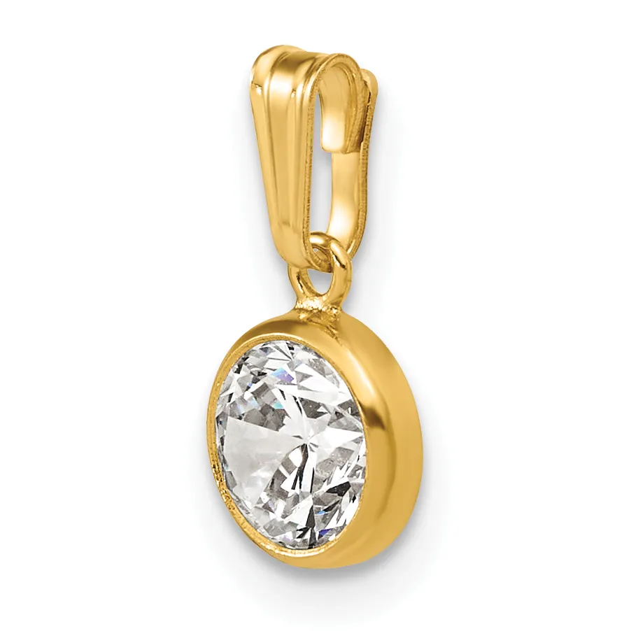 A gold pendant featuring an oval-cut clear crystal stone set in a bezel, suspended from a polished gold bail with an open loop design.