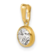 A gold pendant featuring an oval-cut clear crystal stone set in a bezel, suspended from a polished gold bail with an open loop design.