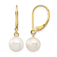 Pair of gold lever-back earrings, each with a round white pearl suspended from the wire hook.