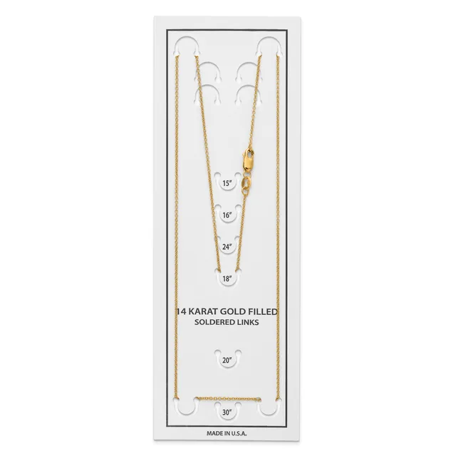 A display card showing four gold-filled chain necklaces in various lengths from 15 to 30 inches, each suspended from hooks against a white background.