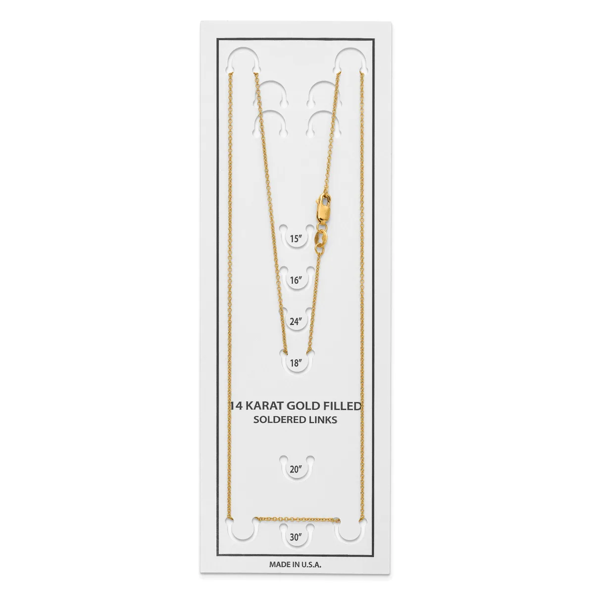 A display card showing four gold-filled chain necklaces in various lengths from 15 to 30 inches, each suspended from hooks against a white background.