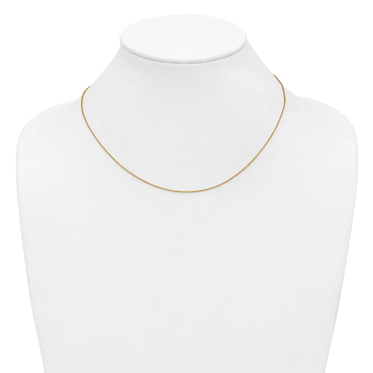A thin gold-toned chain necklace displayed on a white mannequin bust.