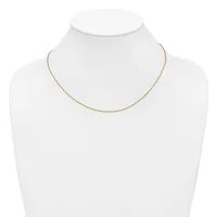 A thin gold-toned chain necklace displayed on a white mannequin bust.