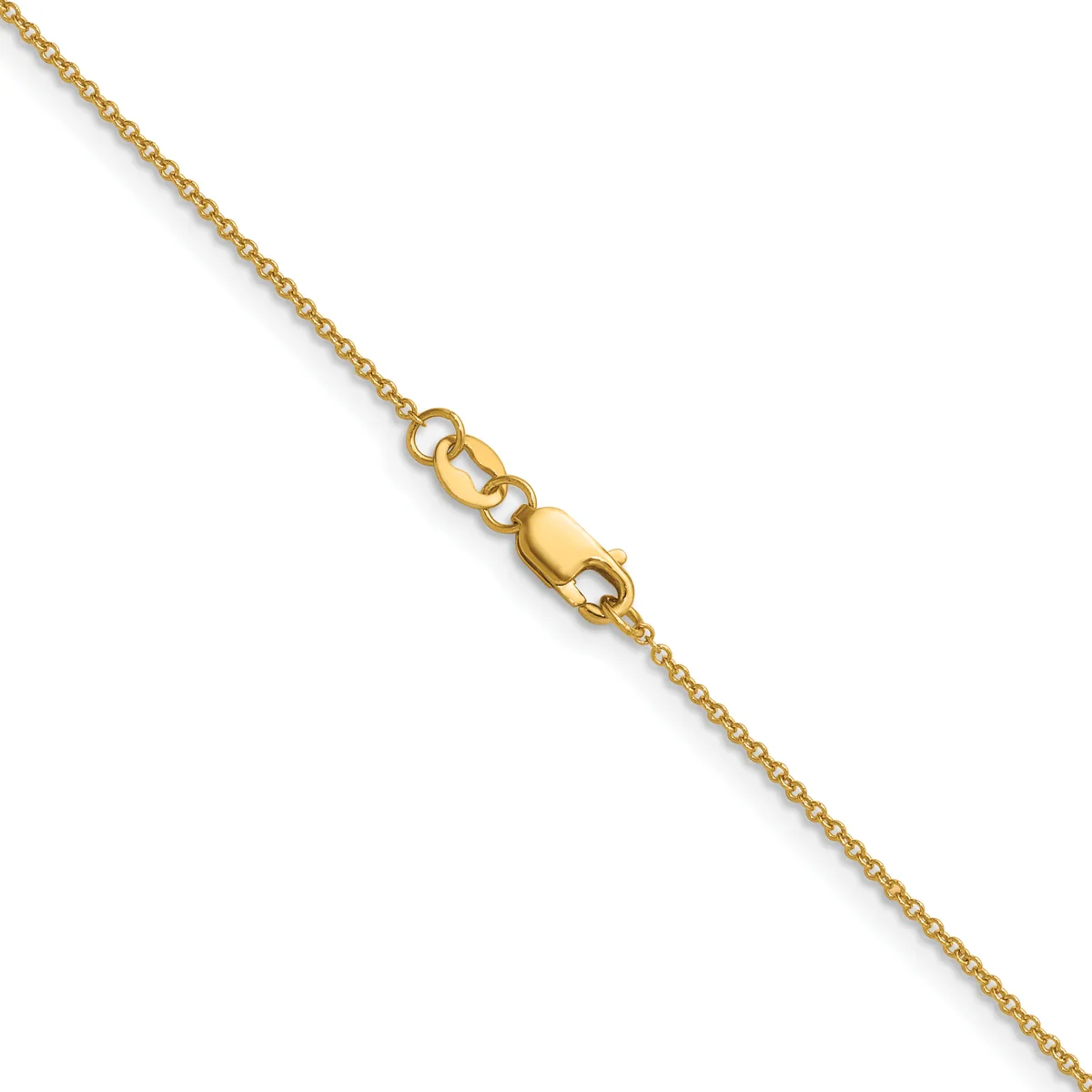 A gold chain necklace with a lobster claw clasp, displayed diagonally against a white background.