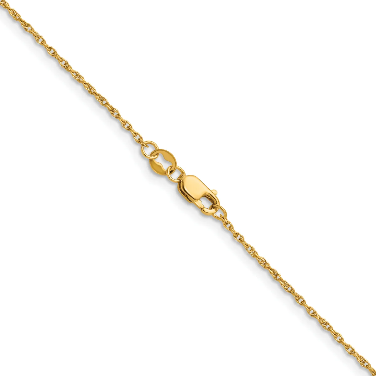A gold chain necklace with a lobster claw clasp, displayed diagonally against a white background.