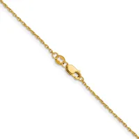 A gold chain necklace with a lobster claw clasp, displayed diagonally against a white background.
