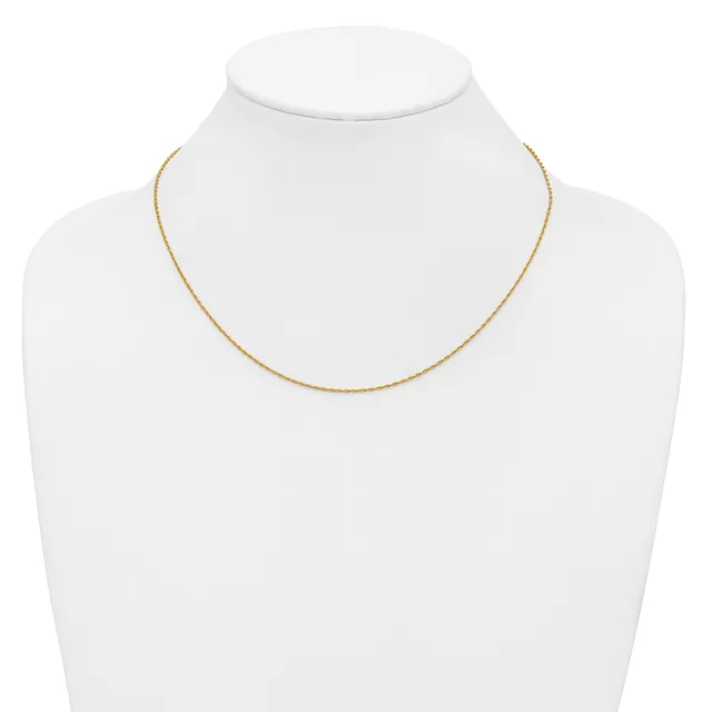 A thin gold chain necklace displayed on a white mannequin bust against a white background.