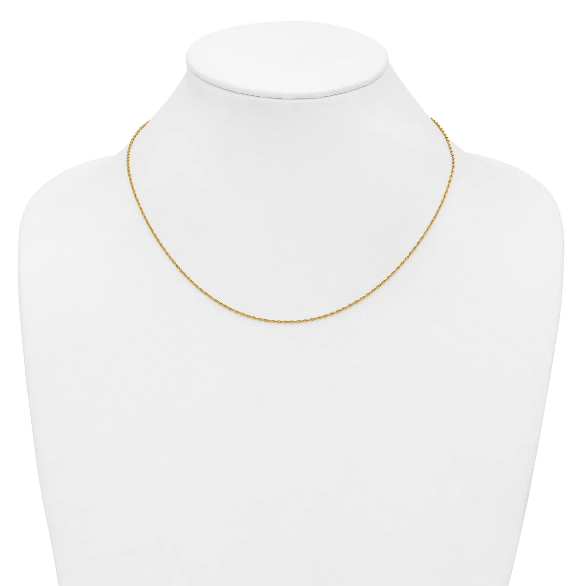 A thin gold chain necklace displayed on a white mannequin bust against a white background.
