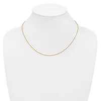 A thin gold chain necklace displayed on a white mannequin bust against a white background.