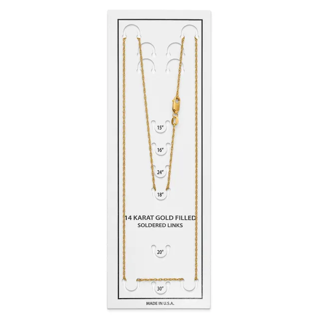 A product display card showing six 14 karat gold-filled chain necklaces in various lengths ranging from 15 to 30 inches, with matching earrings at the top.