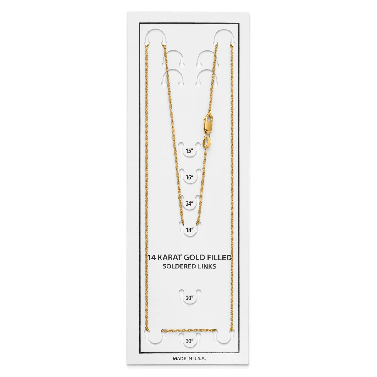 A product display card showing six 14 karat gold-filled chain necklaces in various lengths ranging from 15 to 30 inches, with matching earrings at the top.