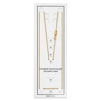 A product display card showing six 14 karat gold-filled chain necklaces in various lengths ranging from 15 to 30 inches, with matching earrings at the top.