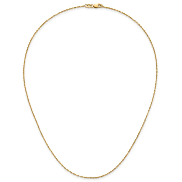A thin gold chain necklace with a delicate link pattern and lobster claw clasps, displayed laid out on a white background.