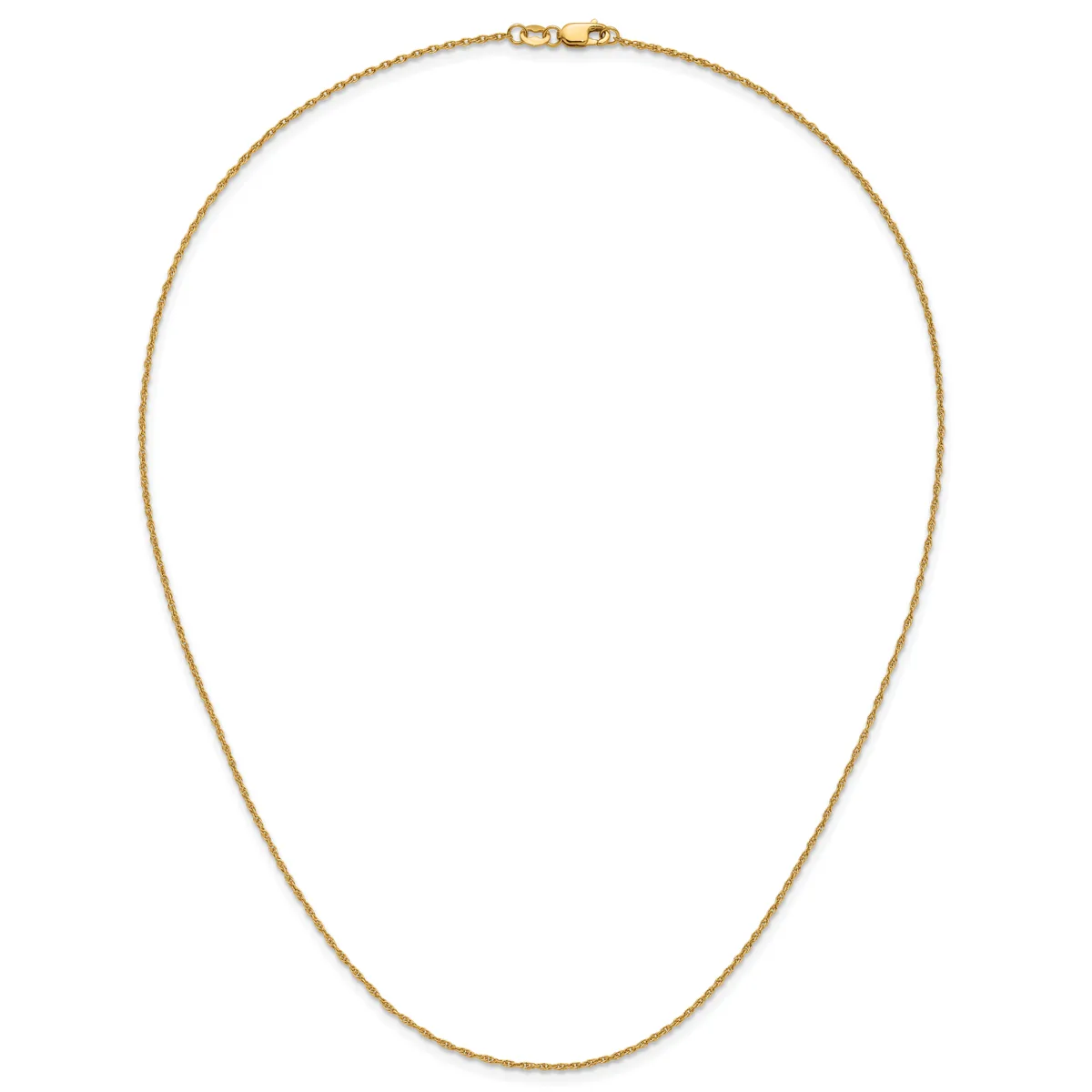 A thin gold chain necklace with a delicate link pattern and lobster claw clasps, displayed laid out on a white background.
