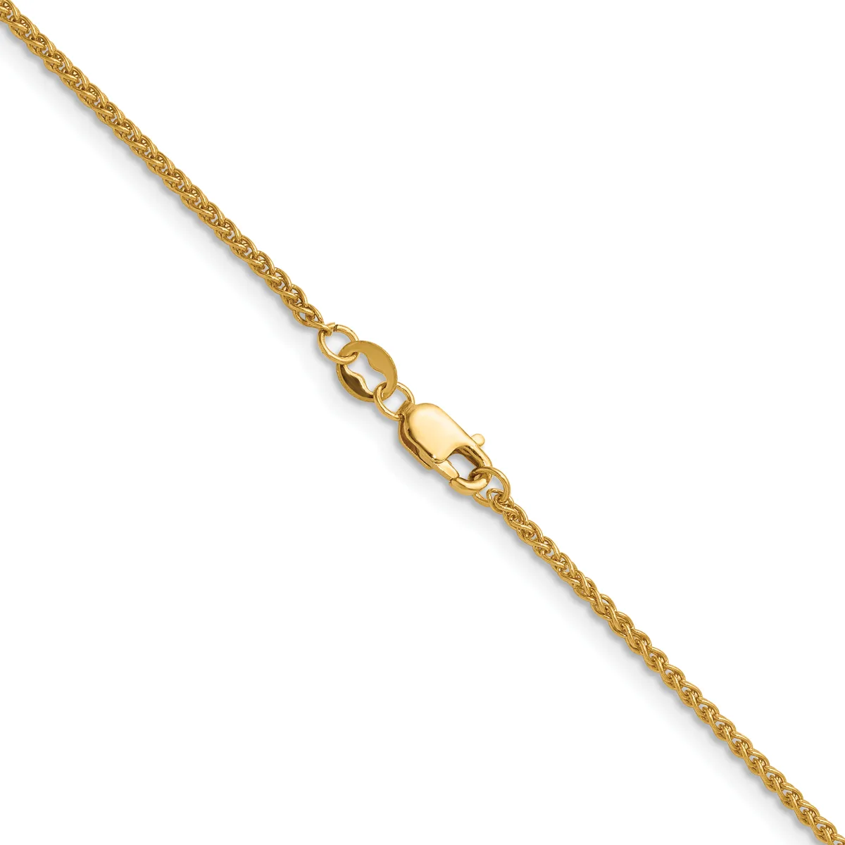 A gold chain necklace with a lobster claw clasp, displayed diagonally against a white background.
